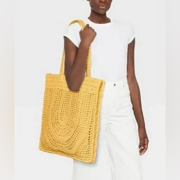 Large Crochet Tote Black Yellow Handbag Purse Beach Woven Universal Thread New - Picture 5 of 6